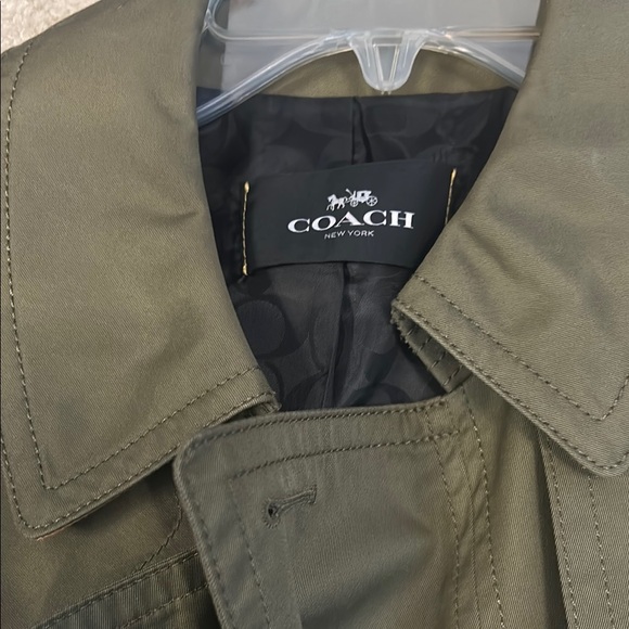 Olive Green Trench Coat. Front pockets.  Leather accents. - Picture 3 of 3